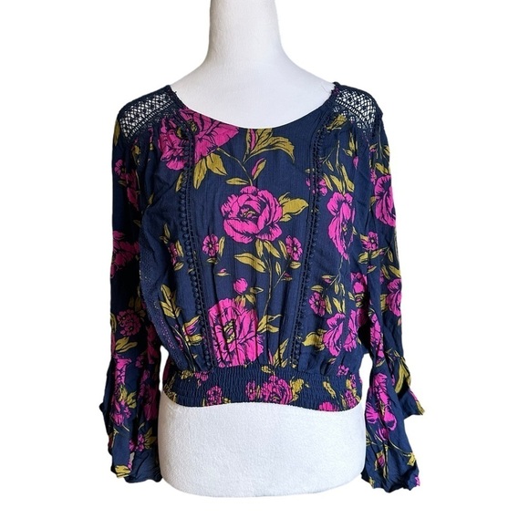 Express Navy & Pink Floral Bell Sleeve Blouse Size XS - Picture 1 of 17